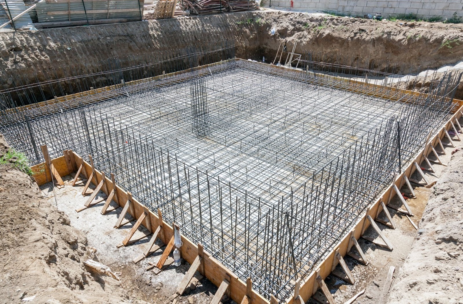 A freshly poured concrete foundation cures in the mold of a house.